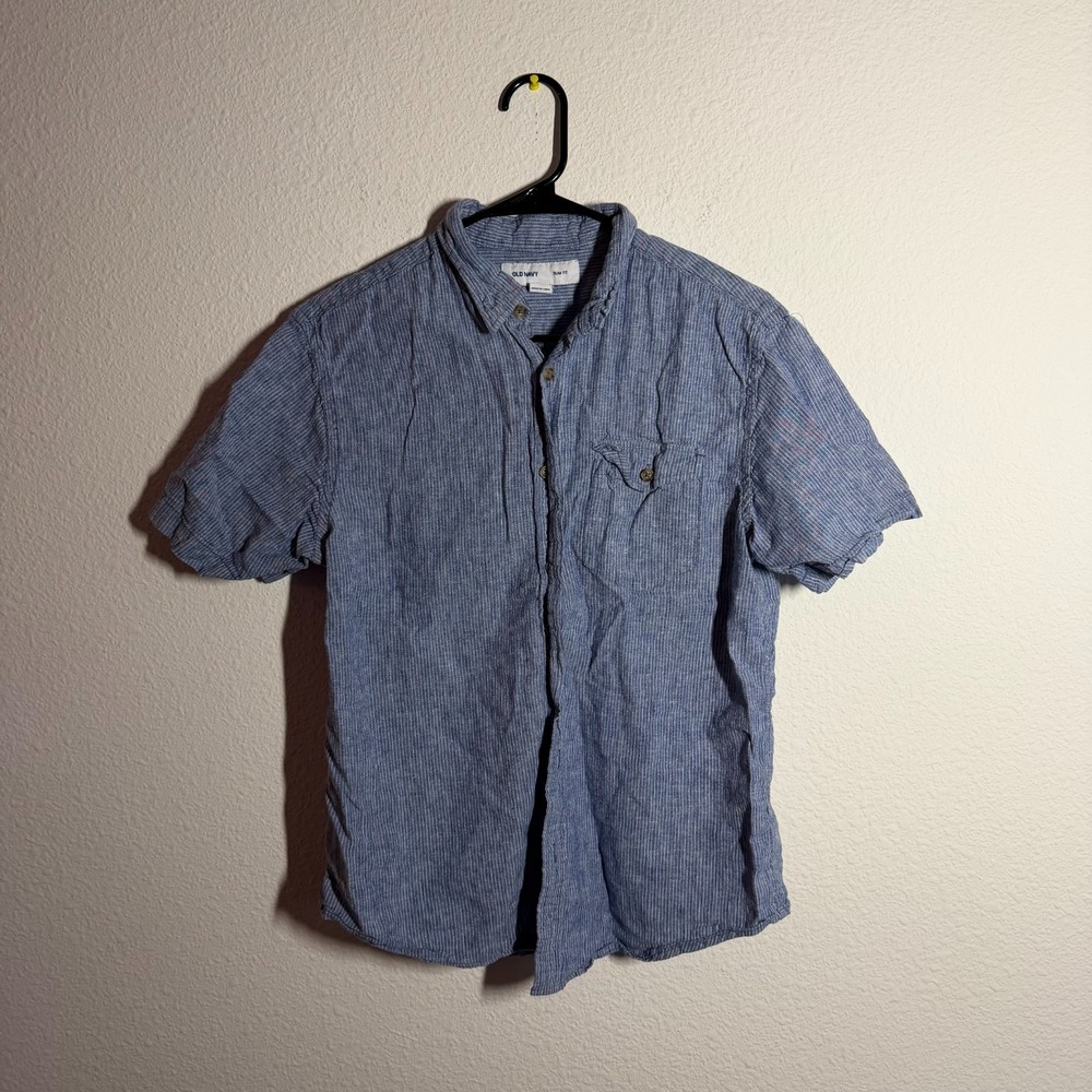 Old Navy Slim Fit Shirt Mens Blue White Pinstripe Pleated Button Up Everyday